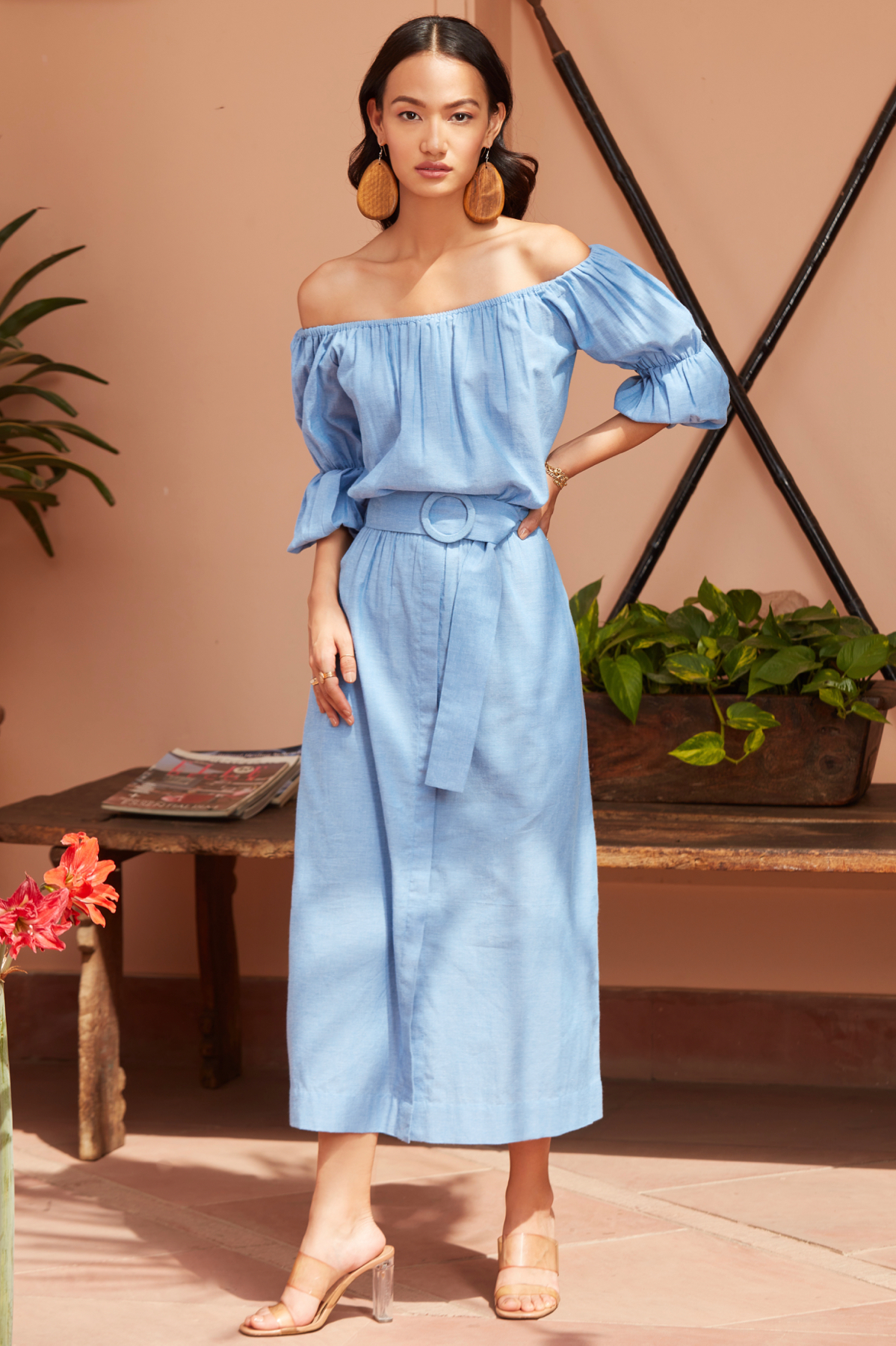 Blue Cotton Chambray Off Shoulder Midi Dress With Sleeves and Belt