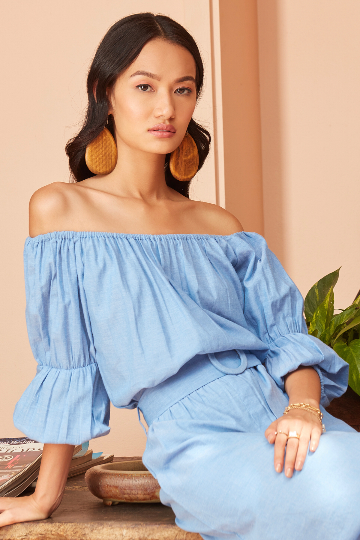 Blue Cotton Chambray Off Shoulder Midi Dress With Sleeves and Belt