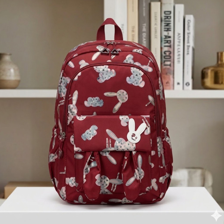 Cute Bunny Print Backpack for Girls with Pencil Pouch