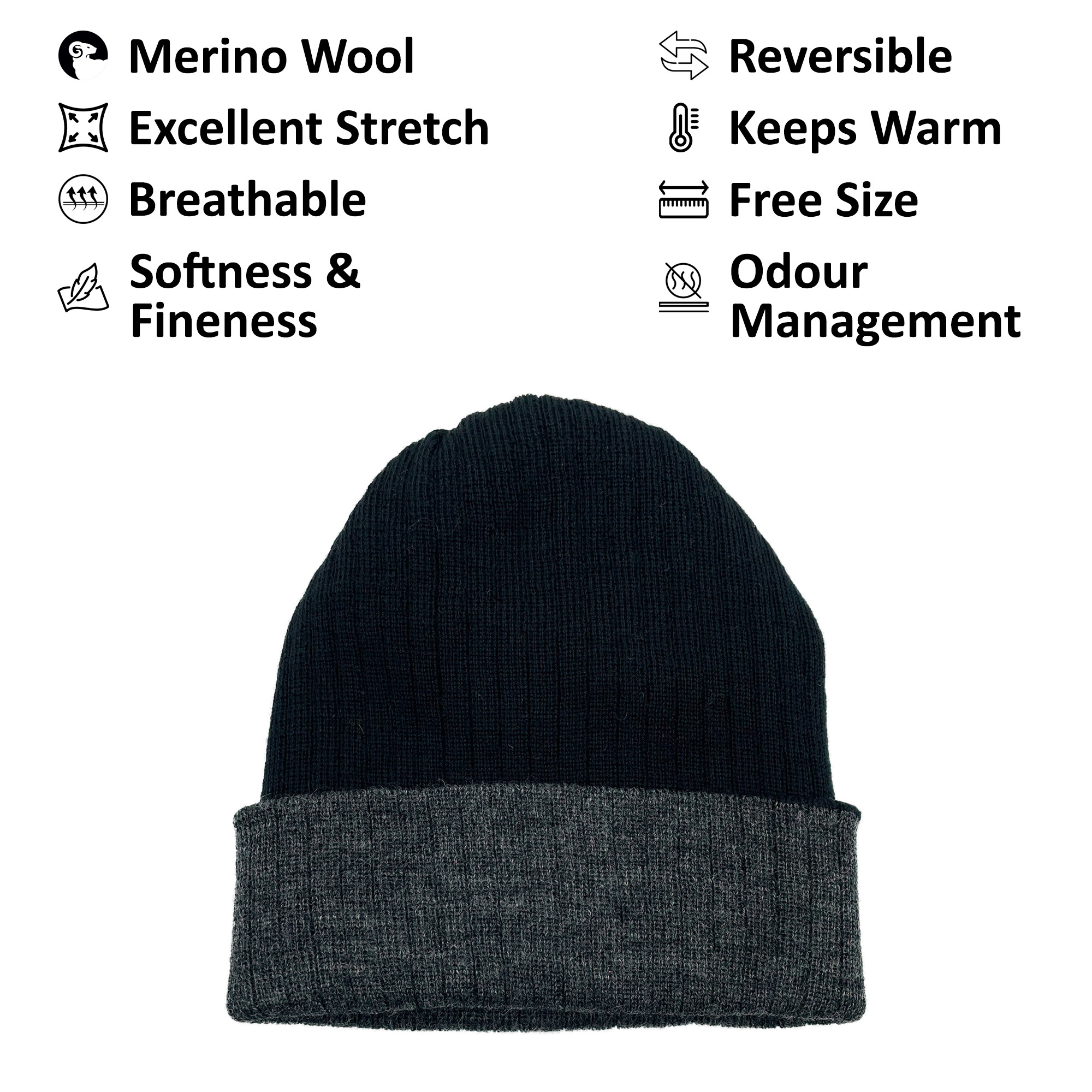 Merino Wool Reversible Cap Black Grey