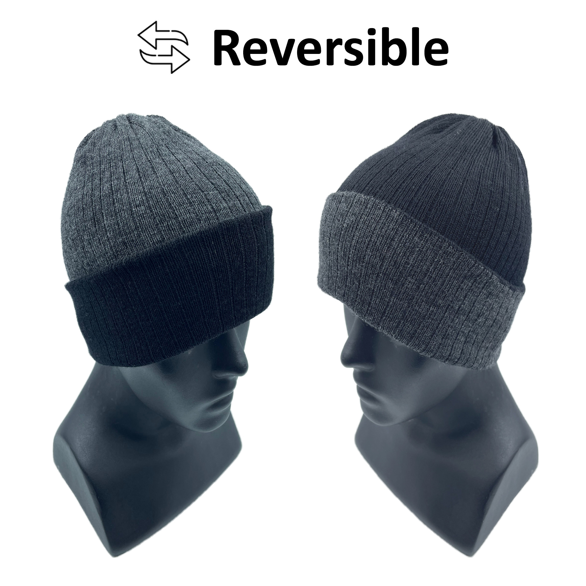 Merino Wool Reversible Cap Black Grey