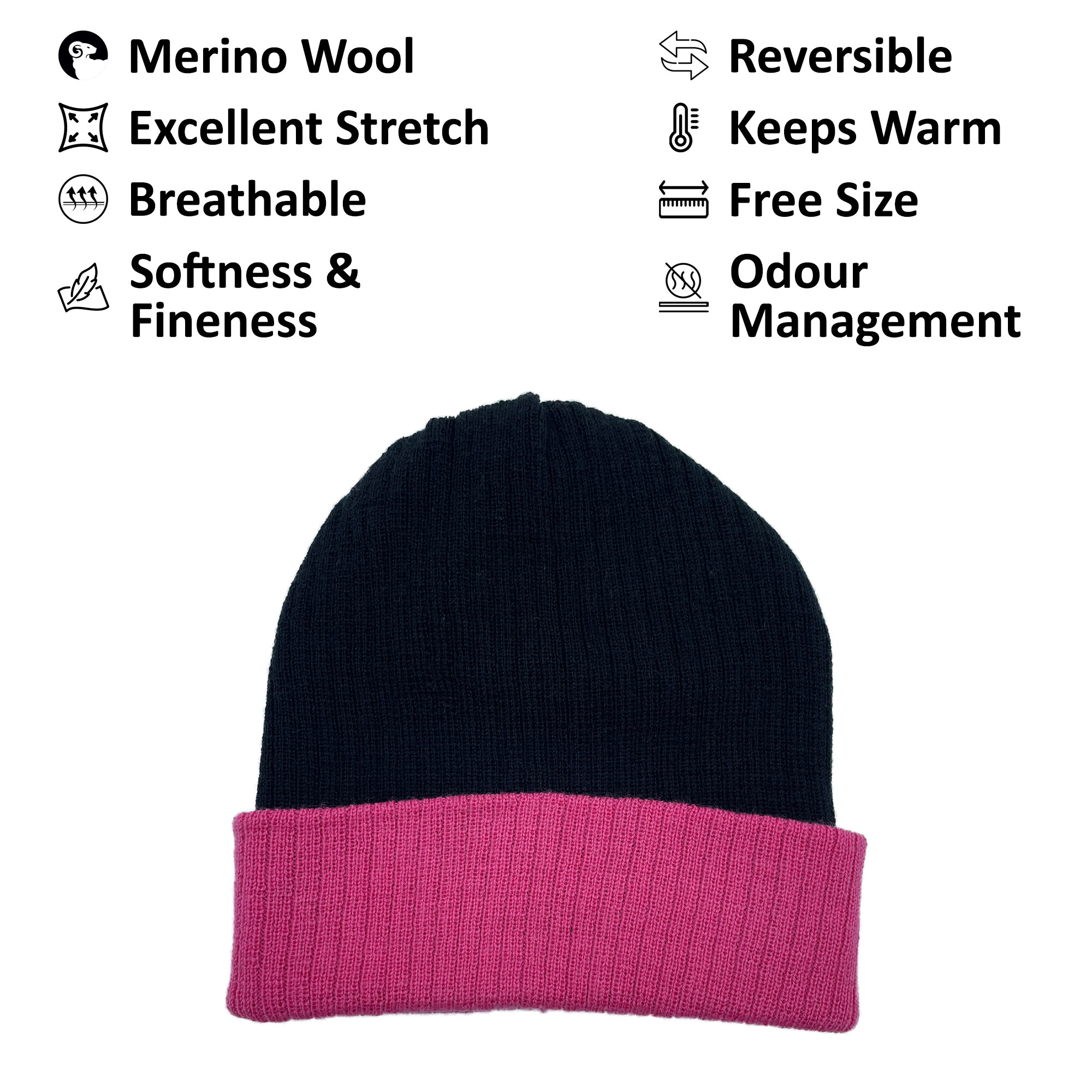 Merino Wool Reversible Cap Black Pink