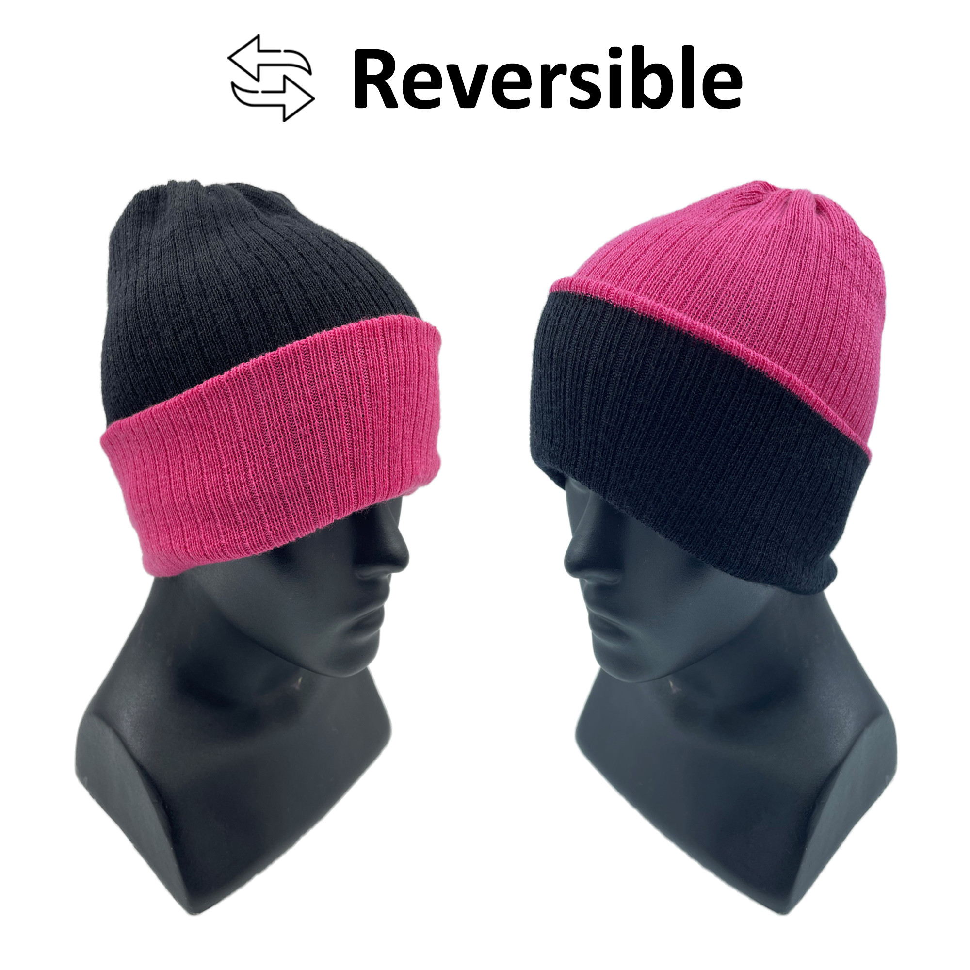 Merino Wool Reversible Cap Black Pink