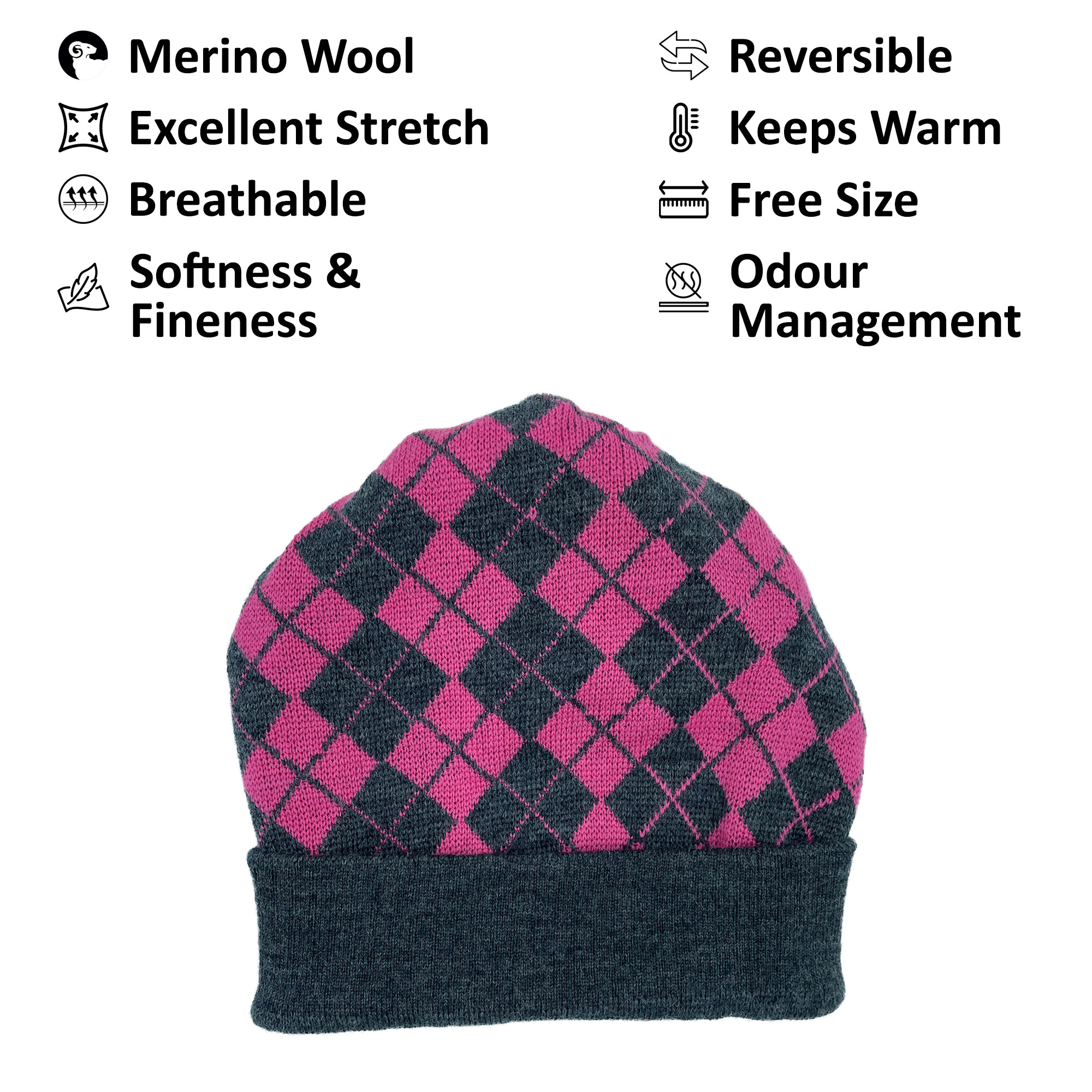 Merino Wool Reversible Cap Pink Grey