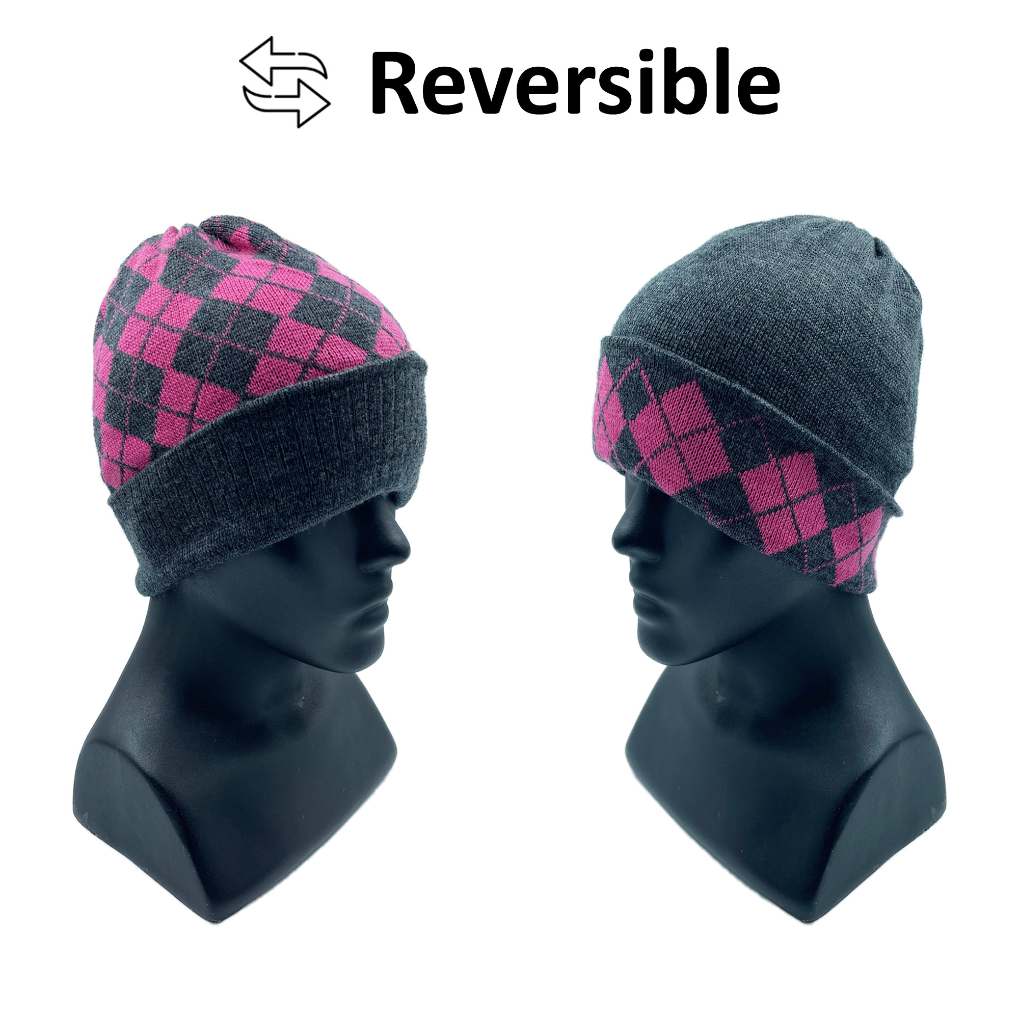 Merino Wool Reversible Cap Pink Grey