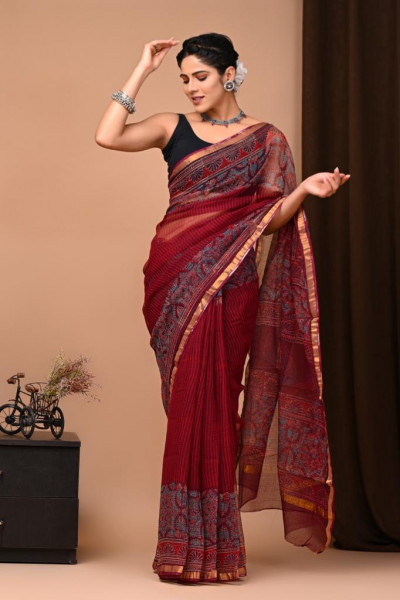 Modern Red Hand Block Printed Cotton Kota Sari with Blouse