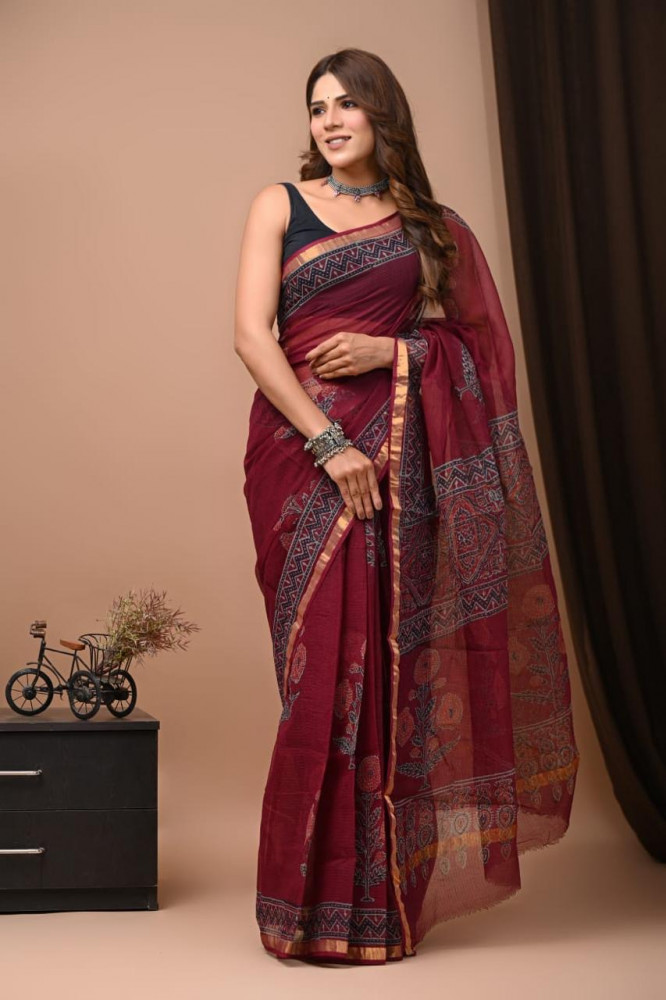 Image of Modern Red Hand Block Printed Cotton Kota Sari with Blouse