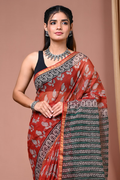 Bagru Paisley Hand Block Printed Cotton Kota Sari with Blouse