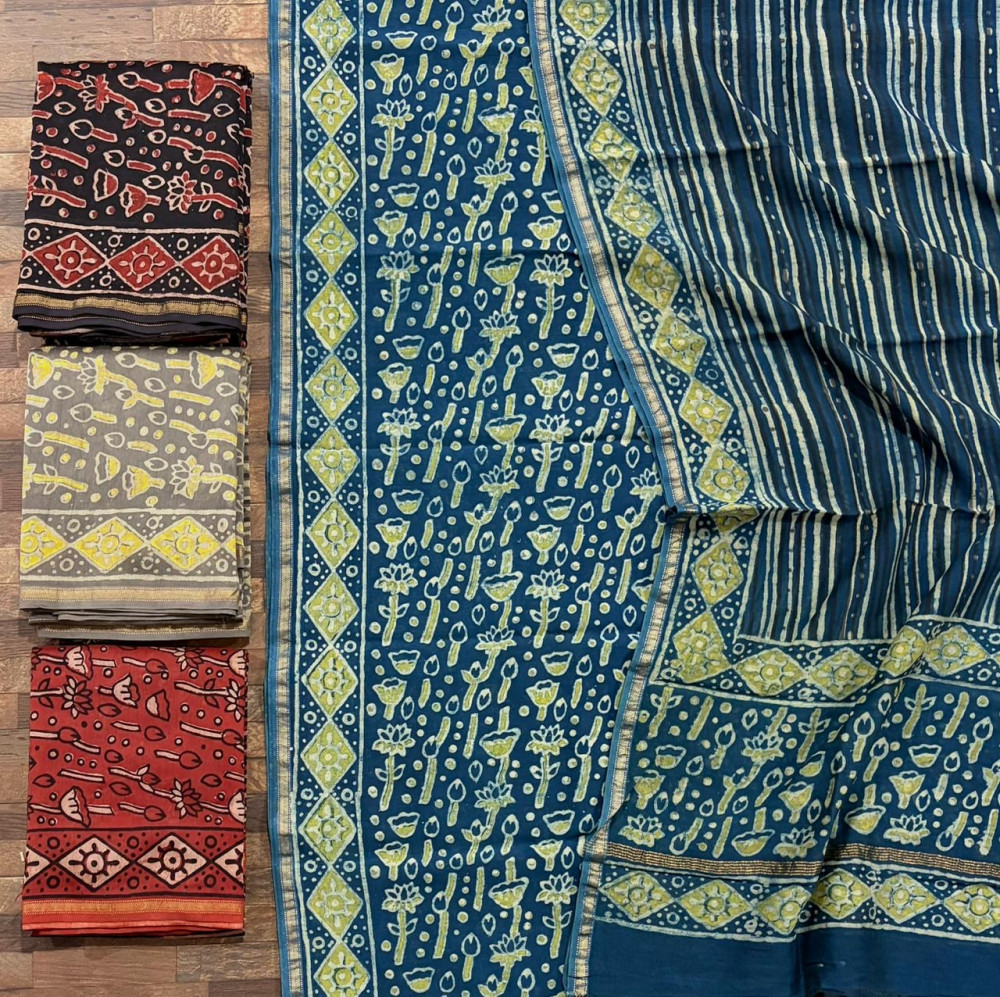 Image of Natural Jaal Hand Block Print Maheshwari Silk Suit Set with Dupatta