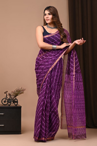 Lehariya Purple Hand Block Printed Cotton Kota Sari with Blouse