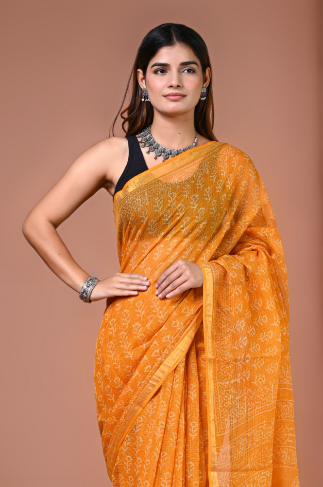 Image of Haldi Yellow Floral Hand Block Printed Cotton Kota Sari with Blouse