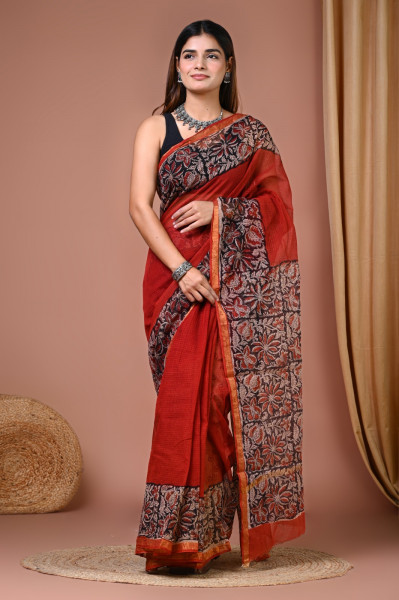 Bagru Red Putaai Hand Block Printed Cotton Kota Sari with Blouse