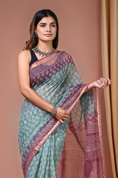 Purple & Teal Hand Block Printed Cotton Kota Sari with Blouse