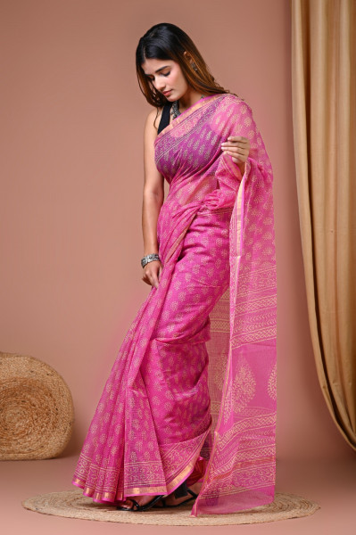 Bright Pink Hand Block Printed Cotton Kota Sari with Blouse