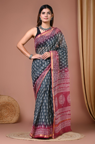 Black n Pink Hand Block Printed Cotton Kota Sari with Blouse