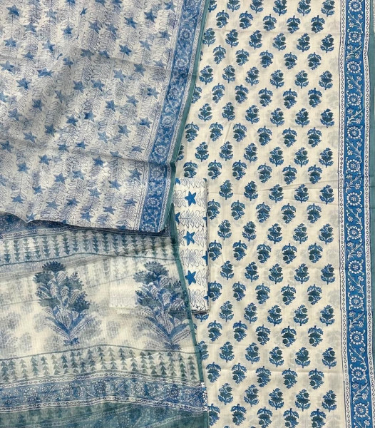 Sanganeri Motif Handblock Cotton Suit Set with Matched Blue Kota Doria Dupatta (3-Piece Set)