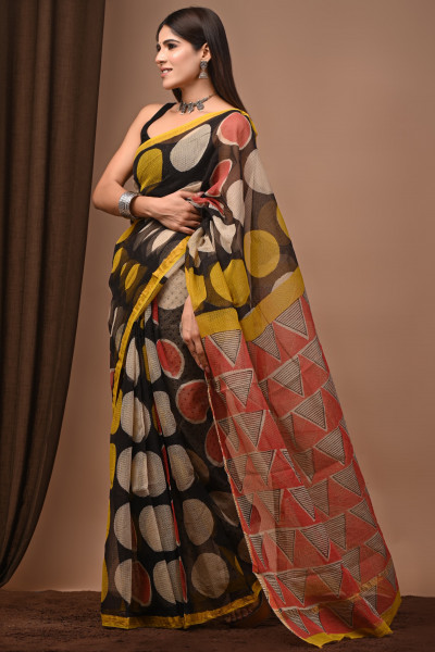 Bagru Polka Hand Block Printed Cotton Kota Sari with Blouse