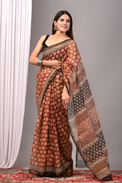 Red Polka Hand Block Printed Cotton Kota Sari with Blouse