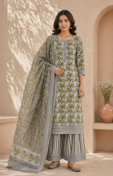 Ajrakh Vanaspati Grey Jaal Big Cotton Suit Set with Kota Doria Dupatta (3-Piece)