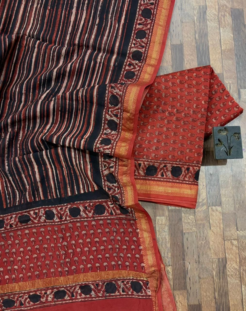 Image of Traditional Pharad Hand Block Print Maheshwari Silk Suit Set with Dupatta