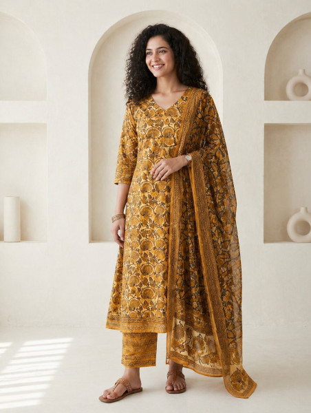 Ajrakh Vanaspati Orange Jaal Cotton Suit Set with Kota Doria Dupatta (3-Piece)