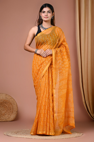 Haldi Yellow Floral Hand Block Printed Cotton Kota Sari with Blouse