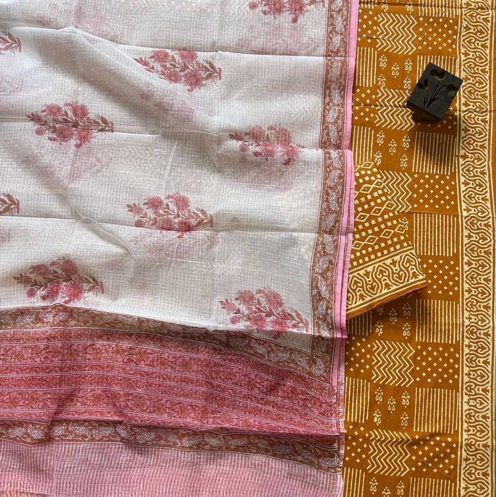 Image of Mustard Handblock Cotton Suit Set with Contrast Kota Doria Dupatta (3-Piece Set)