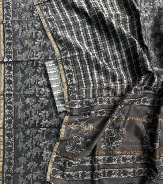 Grey Jaal Hand Block Print Maheshwari Silk Suit Set with Dupatta
