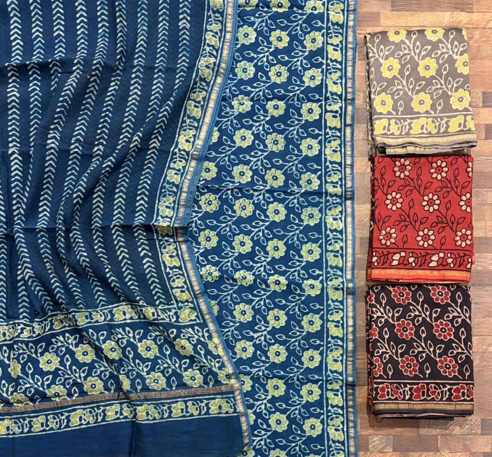 Image of Ajrakh Floral Jaal Hand Block Print Maheshwari Silk Suit Set with Dupatta