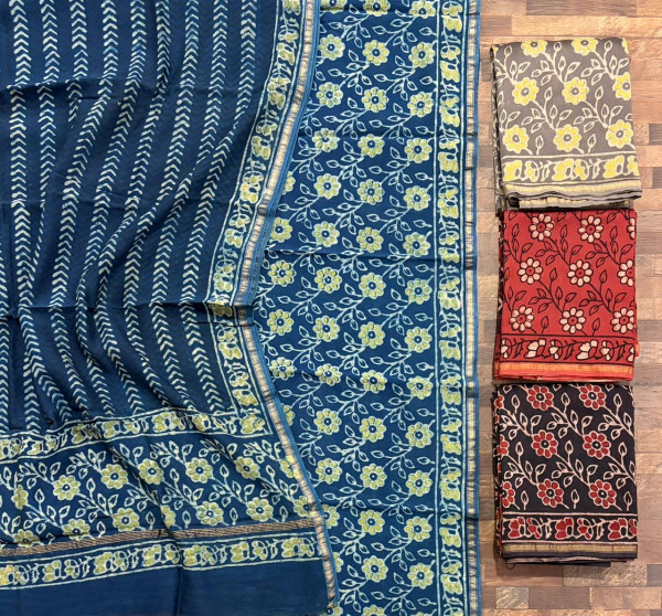 Ajrakh Floral Jaal Hand Block Print Maheshwari Silk Suit Set with Dupatta