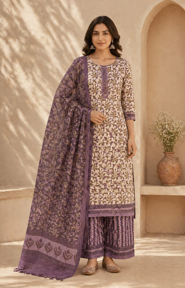 Image of Ajrakh Vanaspati Purple Yellow Jaal Small Cotton Suit Set with Kota Doria Dupatta (3-Piece)
