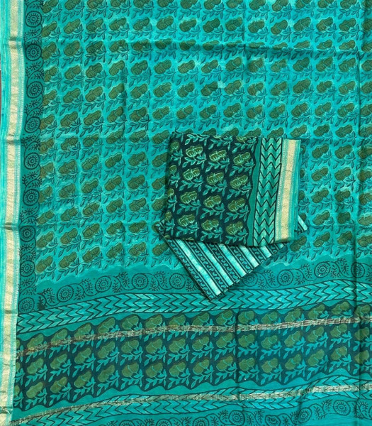 Nashpal Green Hand Block Print Maheshwari Silk Suit Set with Dupatta