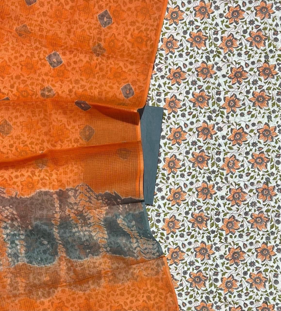 Image of Sanganeri Floral Handblock Cotton Suit Set with Bandhani Orange Kota Doria Dupatta (3-Piece Set)