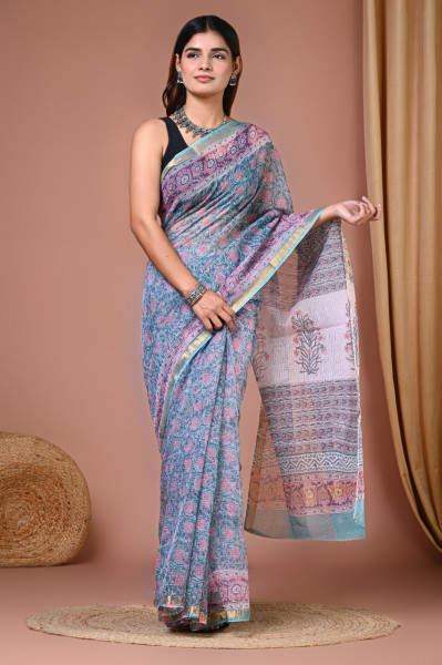 Sanganeri Floral Hand Block Printed Cotton Kota Sari with Blouse