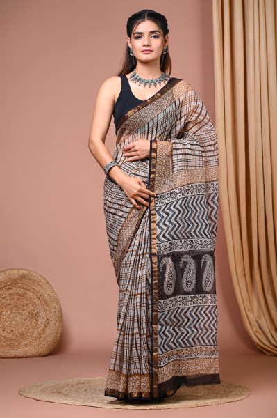 Bagru Patti Hand Block Printed Cotton Kota Sari with Blouse