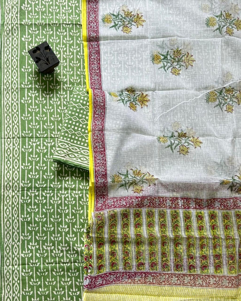 Image of Green Yellow Handblock Cotton Suit Set with Traditional Kota Doria Dupatta (3-Piece Set)
