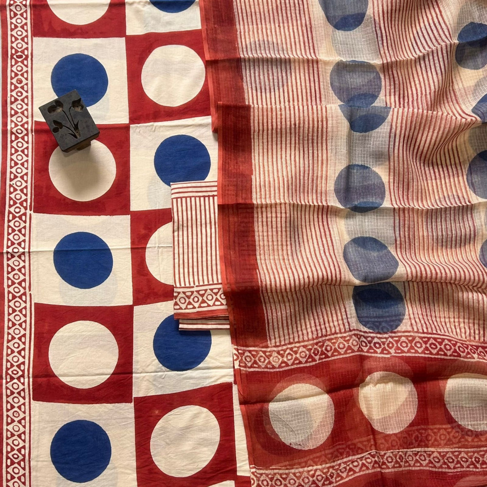 Image of Geometric Bagru Handblock Cotton Suit Set with Traditional Kota Doria Dupatta (3-Piece Set)