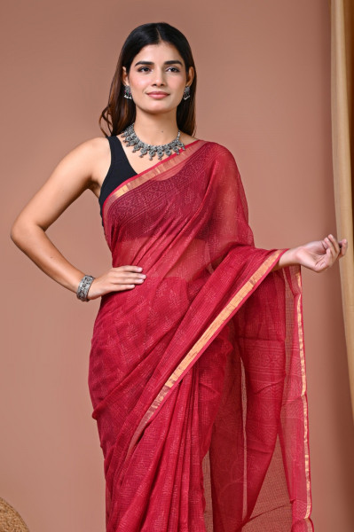 Perfect Red Hand Block Printed Cotton Kota Sari with Blouse