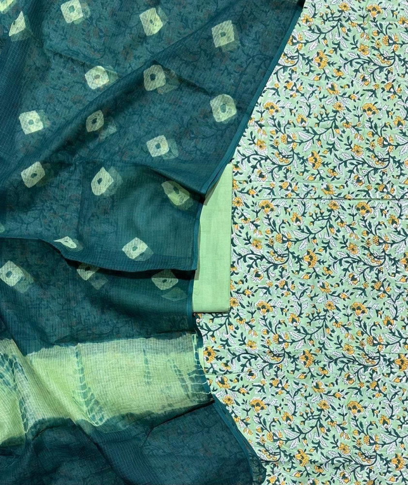 Image of Yellow Floral Handblock Cotton Suit Set with Bandhani Kota Doria Dupatta (3-Piece Set)