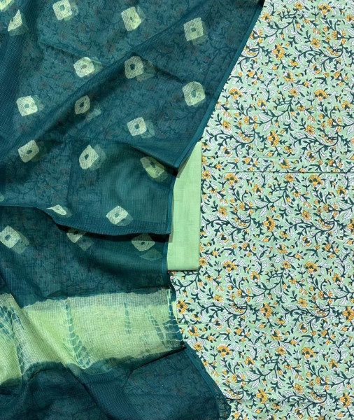 Yellow Floral Handblock Cotton Suit Set with Bandhani Kota Doria Dupatta (3-Piece Set)