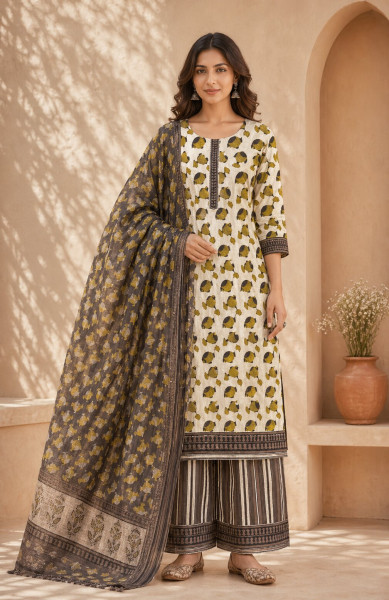 Ajrakh Vanaspati Kashish Fish Jaal Cotton Suit Set with Kota Doria Dupatta (3-Piece)