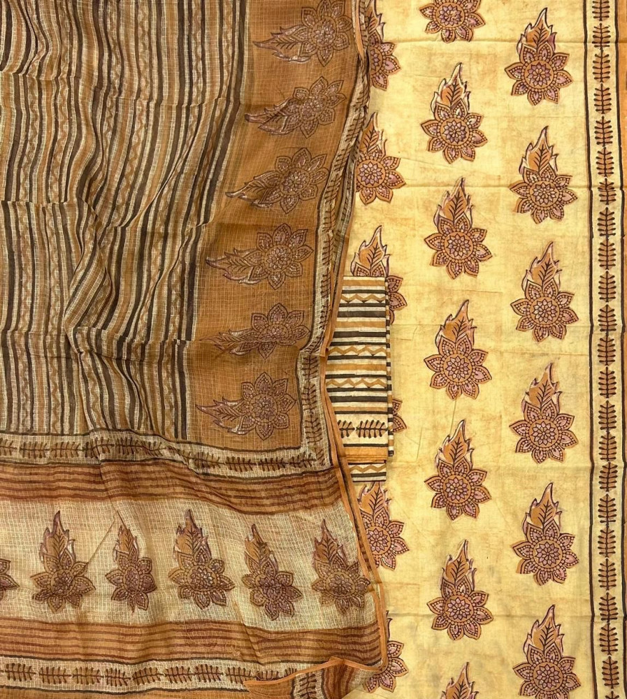 Image of Ajrakh Vanaspati Yellow Buta Cotton Suit Set with Kota Doria Dupatta (3-Piece)