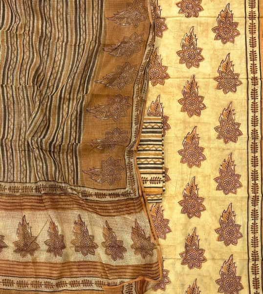 Ajrakh Vanaspati Yellow Buta Cotton Suit Set with Kota Doria Dupatta (3-Piece)
