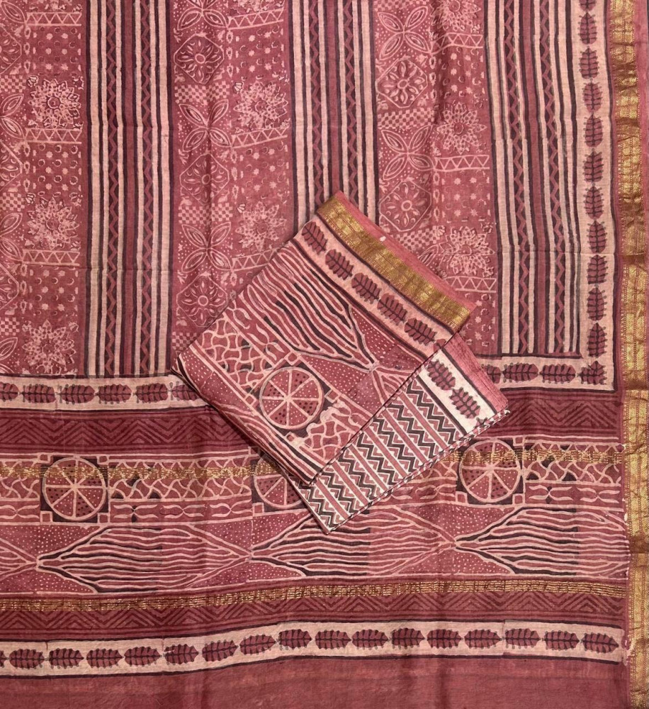 Image of Beautiful Red Hand Block Print Maheshwari Silk Suit Set with Dupatta