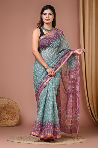Purple & Teal Hand Block Printed Cotton Kota Sari with Blouse