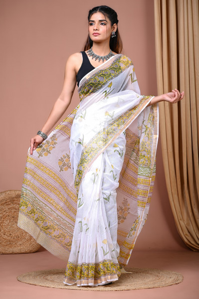 Sanganeri Hand Block Printed Cotton Kota Sari with Blouse