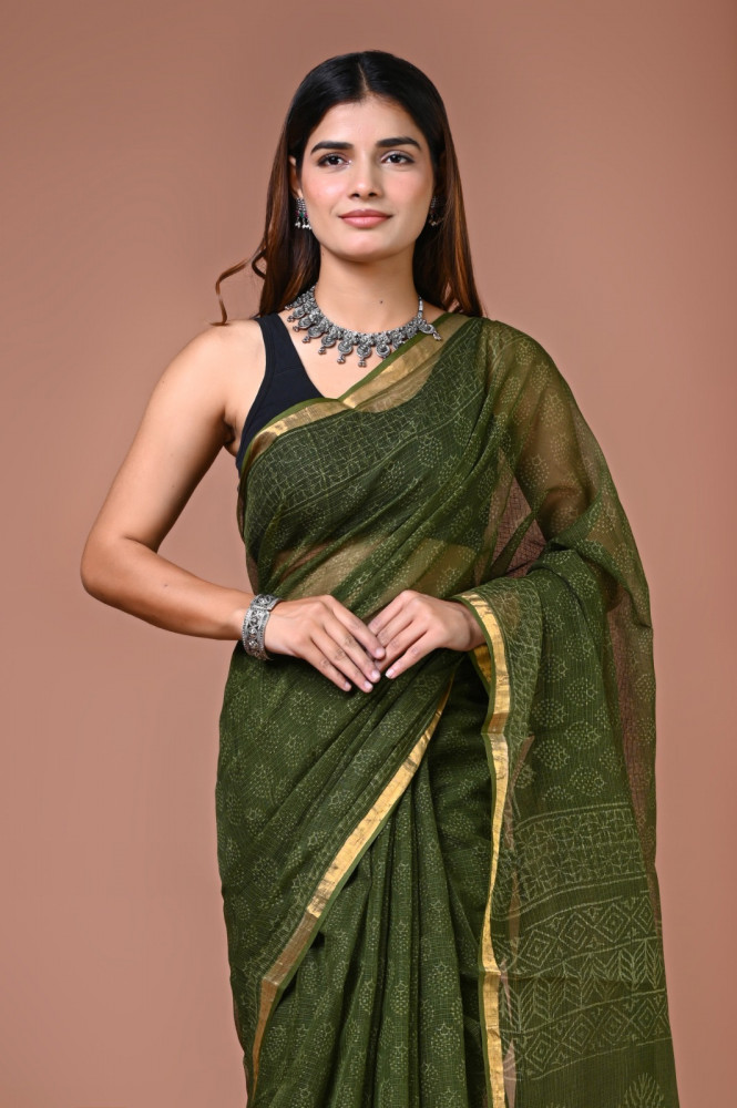 Image of Dark Green Hand Block Printed Cotton Kota Sari with Blouse