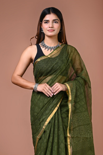 Dark Green Hand Block Printed Cotton Kota Sari with Blouse