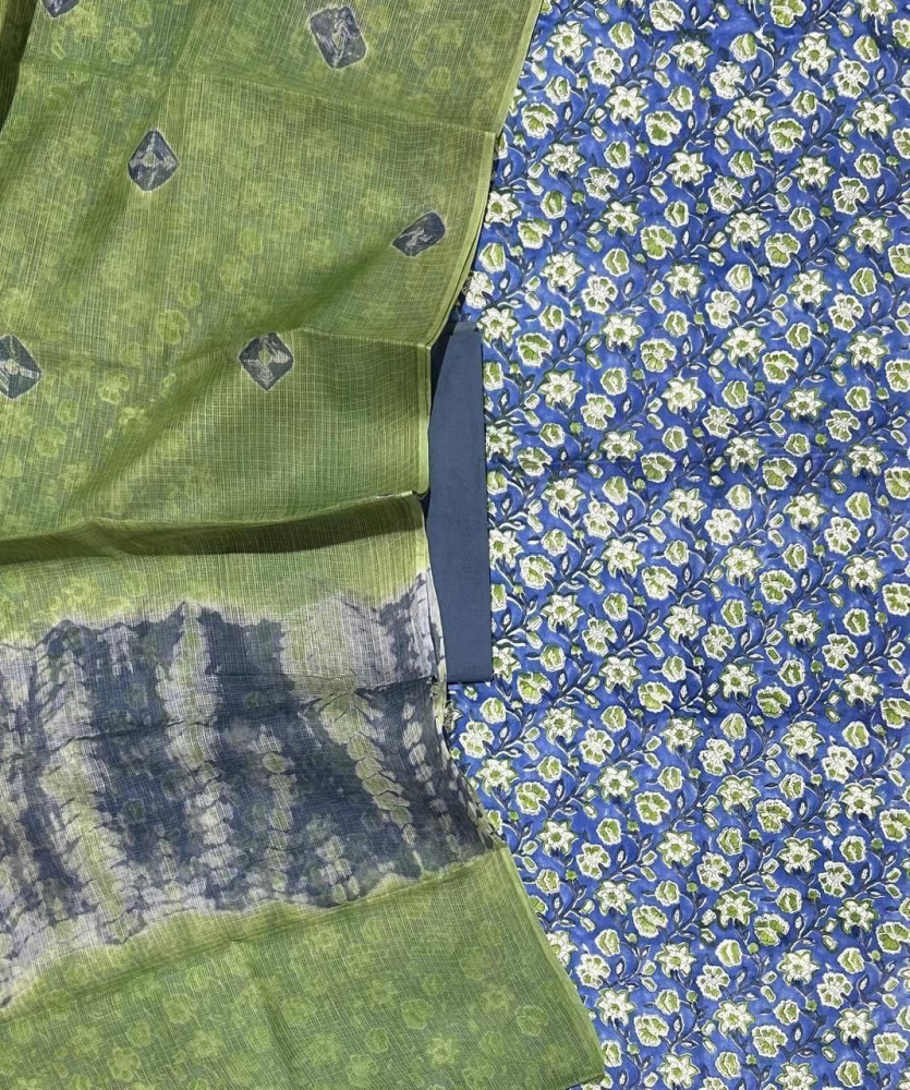 Image of Sanganeri Handblock Cotton Suit Set with Bandhani Kota Doria Dupatta (3-Piece Set)