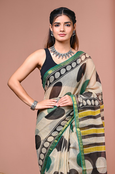 Polka Hand Block Printed Cotton Kota Sari with Blouse